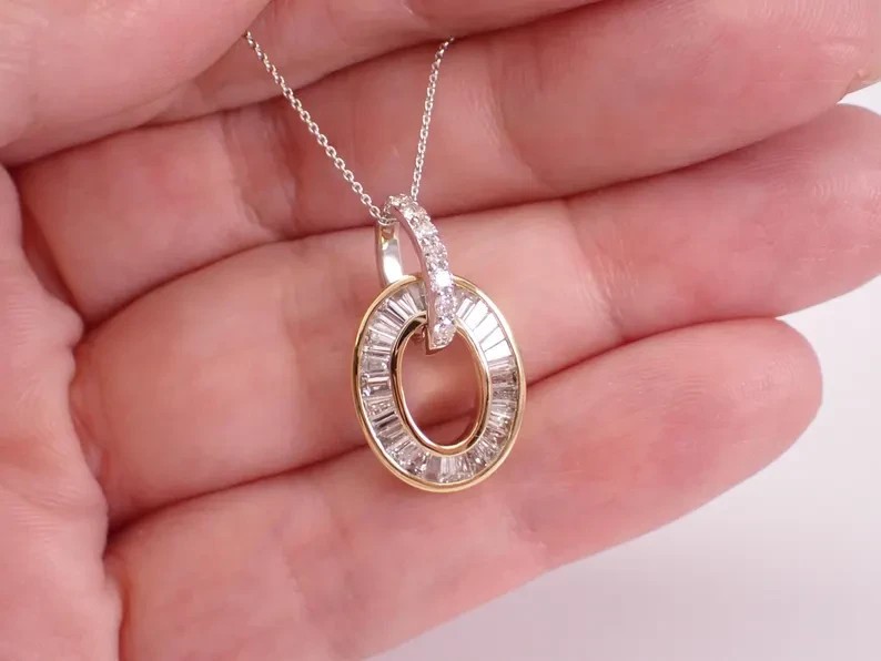 2Ct Baguette Lab Created Diamond Oval Halo Pendant 14K Yellow Gold Plated
