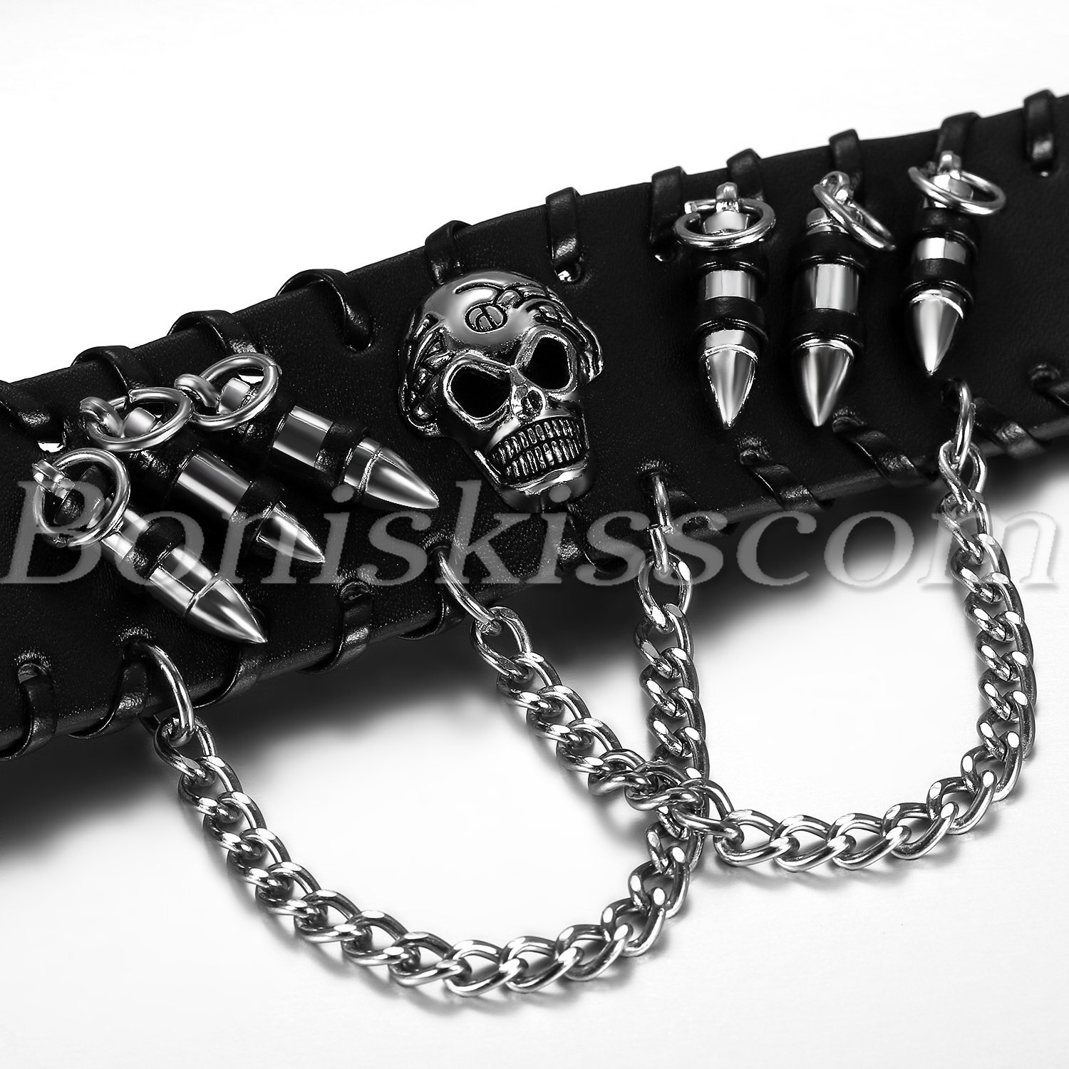Gothic Mens Punk Black Leather Skull Bullet Chain Bracelet Wristband Bangle Cuff