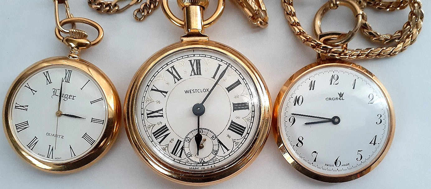 3 Pocket Watches Westclox Railroad. Luger, Cronel For batteries/repair, etc.?
