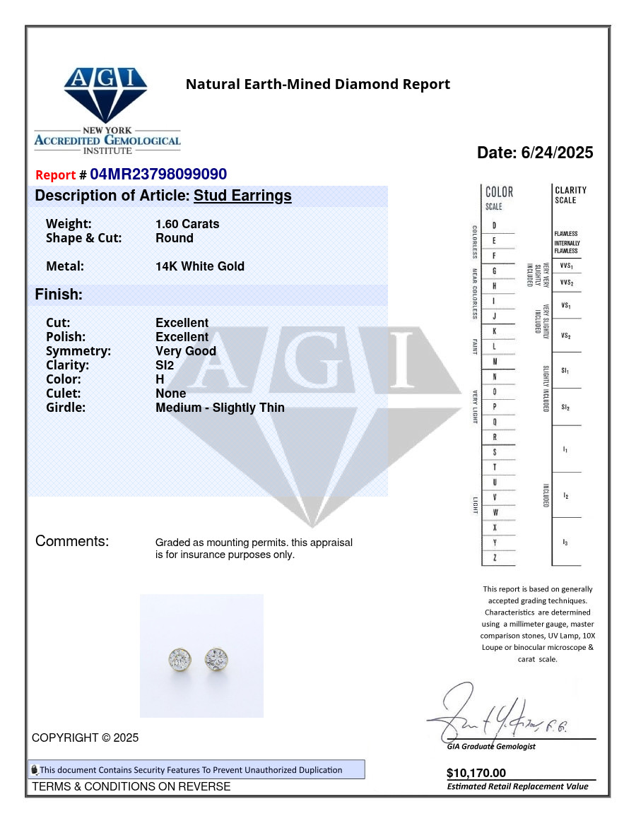 Stud Earrings Classic Bezel Set 14K Gold 1.60 Carat Round Natural Diamond H SI2