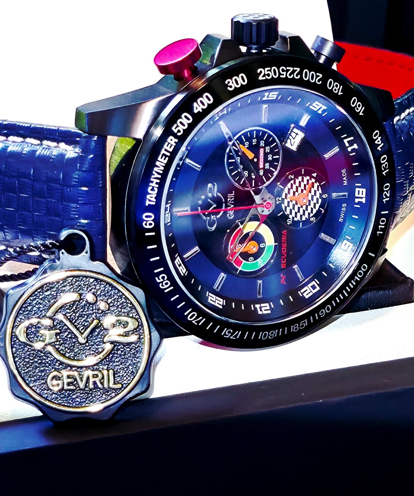 GEVRIL SCUDERIA SWISS MADE ⌚ TACHOMETER SAPPHIRE CRYSTAL CARBON FIBER BLUE ALARM