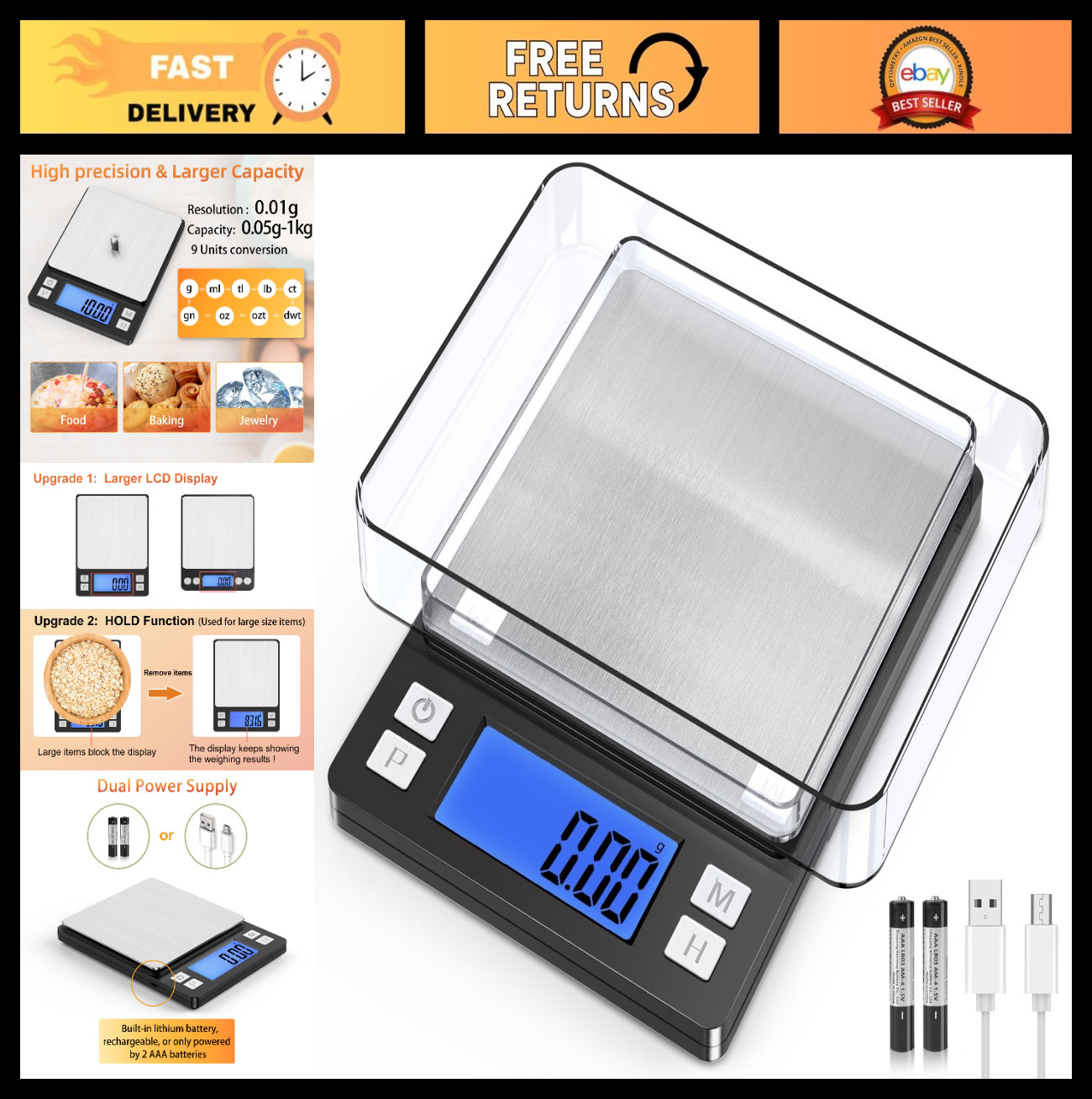 Digital Gram Scale 0.01g Precision Jewelry Scale, USB Rechargeable, 1kg Capacity