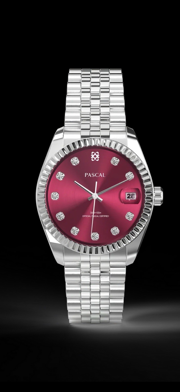 PASCAL Quartz 40mm Red Sunburst Dial Date 100m SS Bracelet Watch