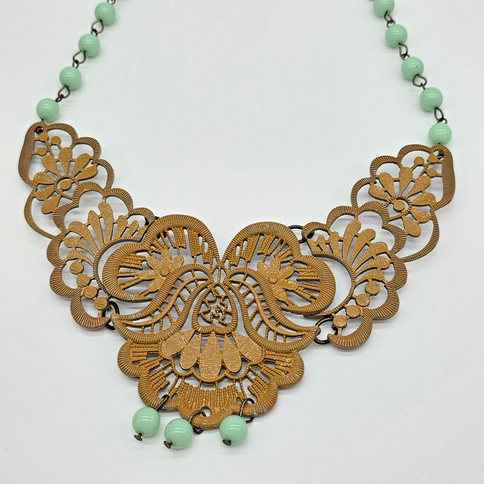 Plunder MAIZIE Bib Necklace Mustard Yellow Floral Lace Mint Green Beads 22”
