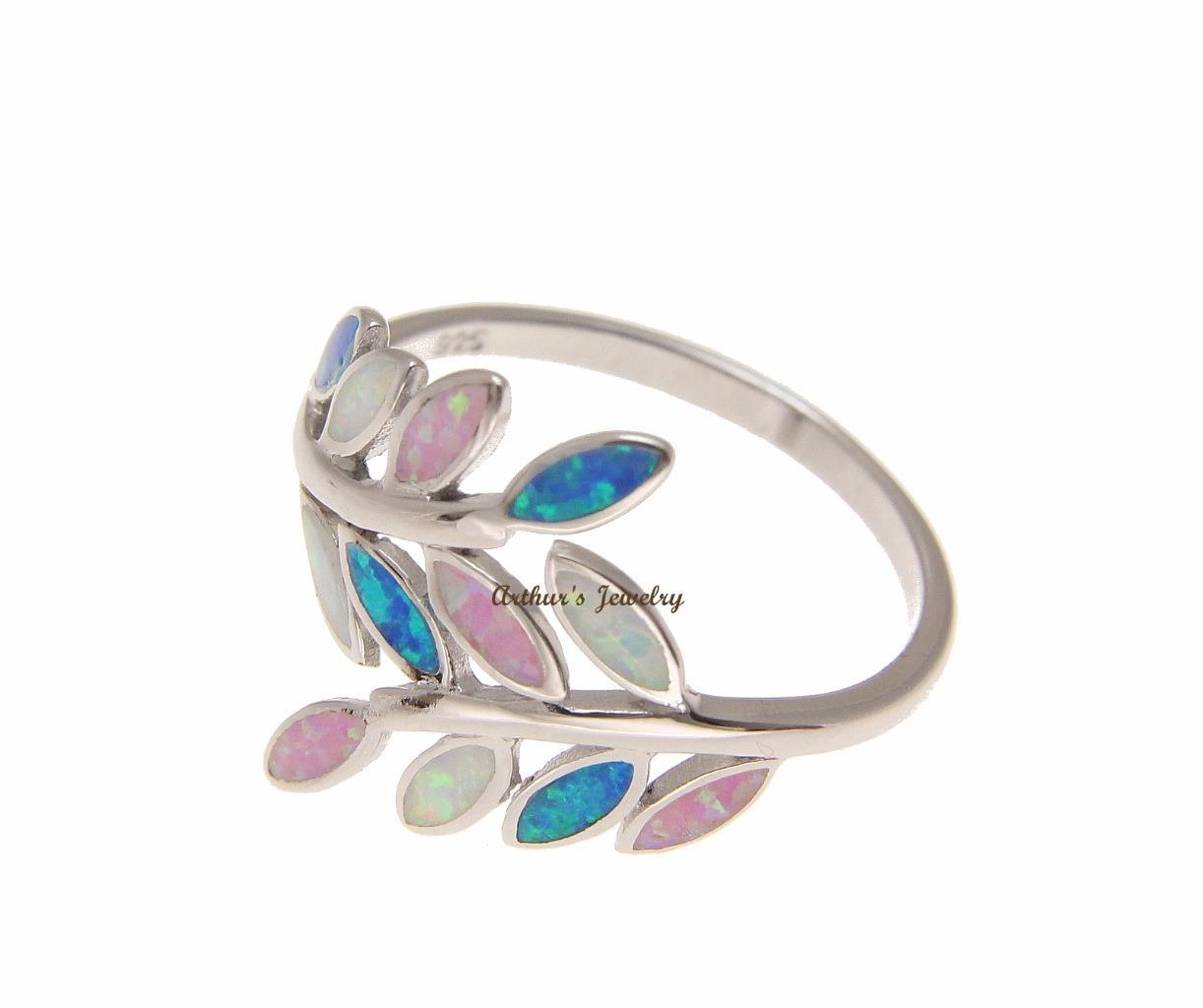 BLUE WHITE PINK TRICOLOR INLAY OPAL RING HAWAIIAN MAILE LEAF 925 STERLING SILVER