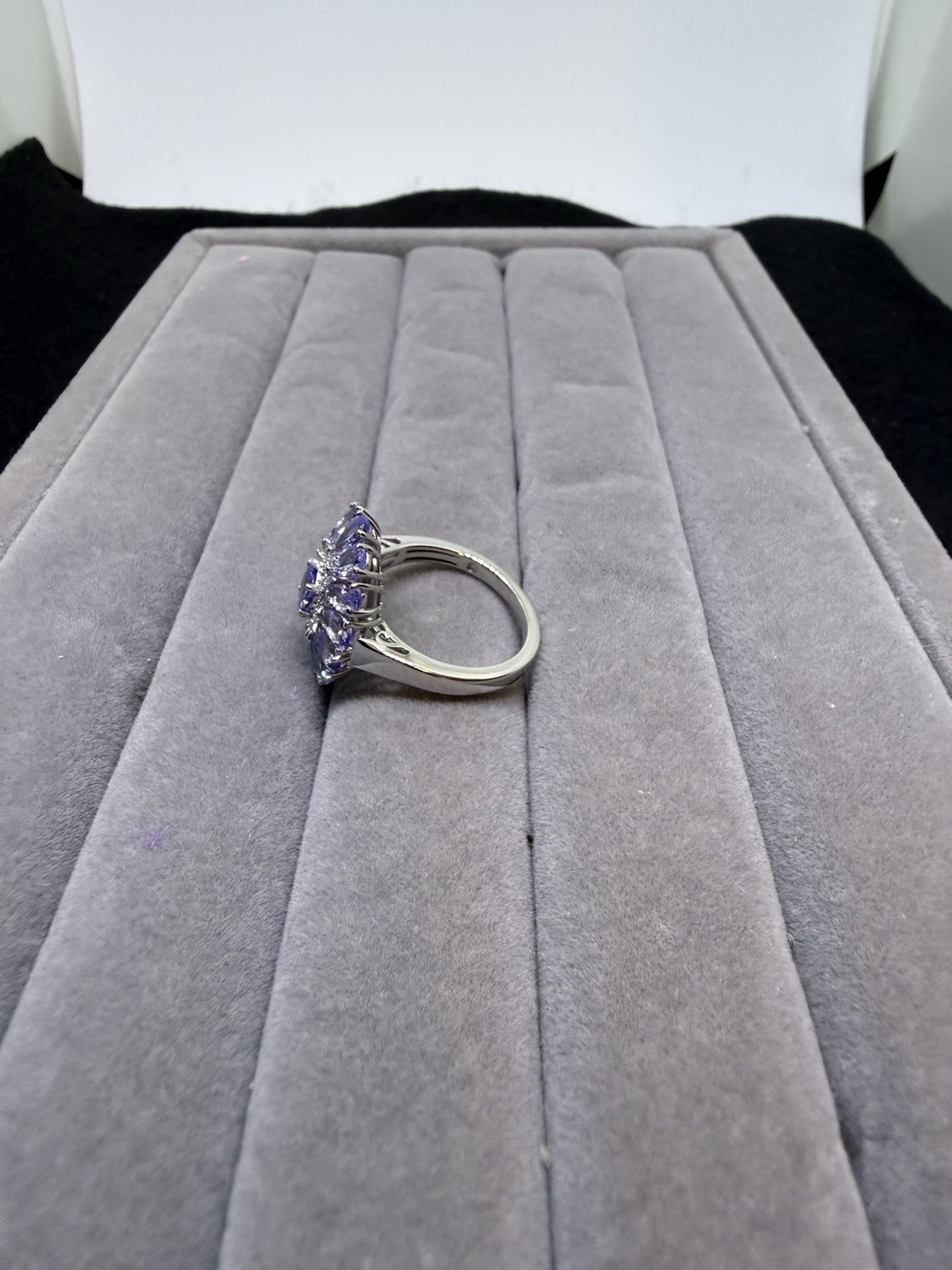 D’Joy Tanz. ,White Zirc. Blue Flow. Ring In Rhod. Over Ster. Silver Sz. 6, 3.75
