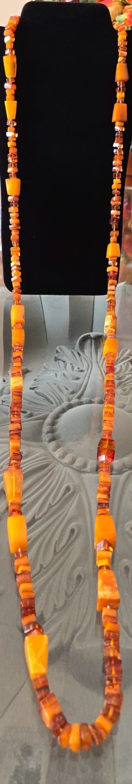 VTG GENUINE BALTIC EGG YOLK & HONEY AMBER BEADED NECKLACE 152 Grams☆ART DECO☆70″