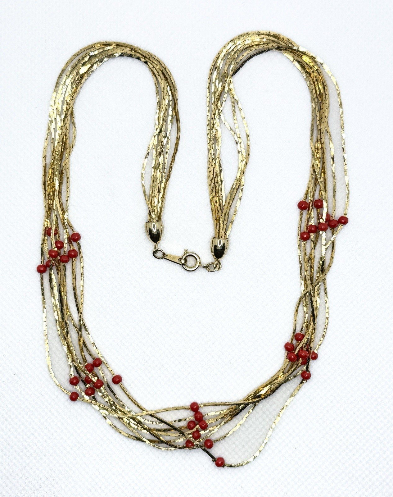 Bold 7 Strand Gold Tone Necklace w Tiny Red Beads. Liquid Gold Style Retro