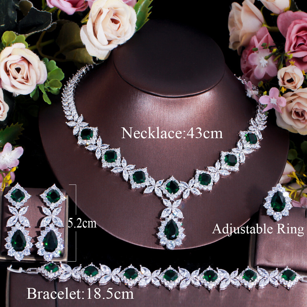 Green CZ Women Engagement Leaf Drop Necklace Earring Bracelet Ring Jewellery Set