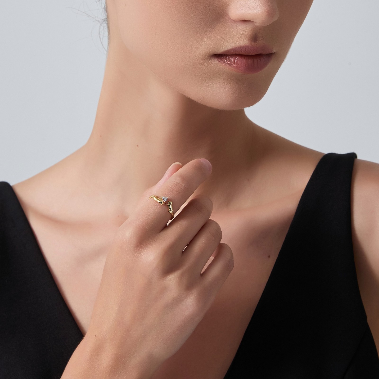 Dainty Cat Heart Stone Stacking Bypass Ring in 925 Sterling Silver