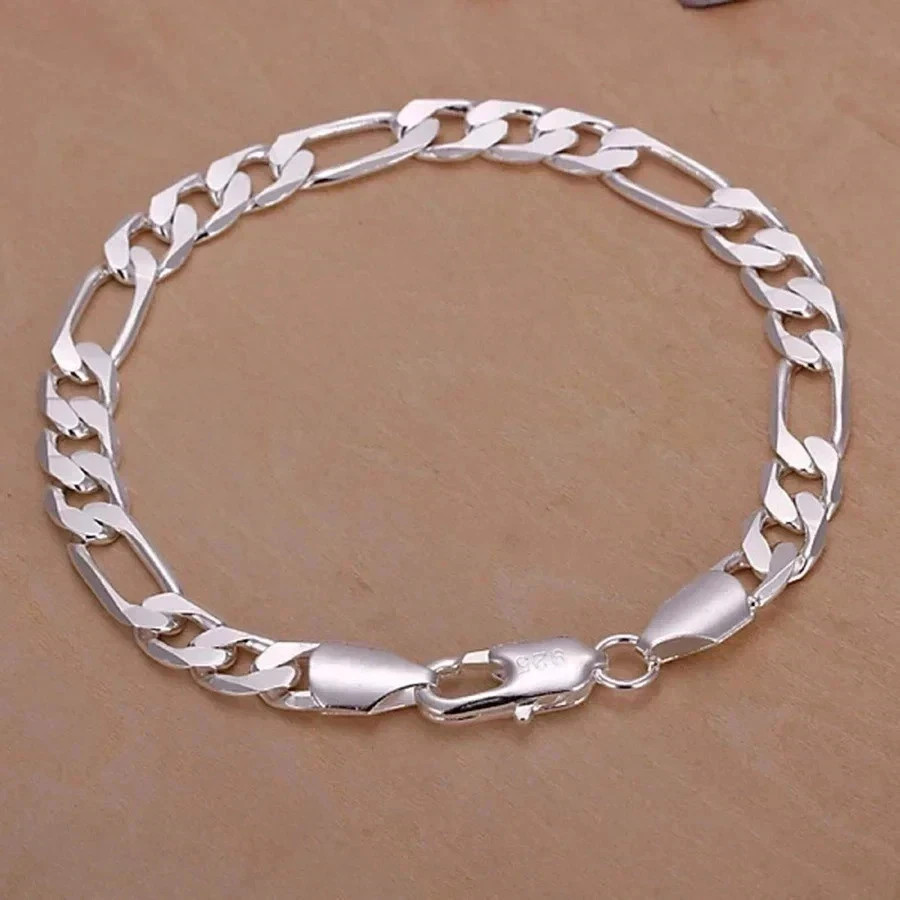 8mm 925 Sterling Silver Figaro Bracelet – Chain for Men & Women, 20 cm Jewelry