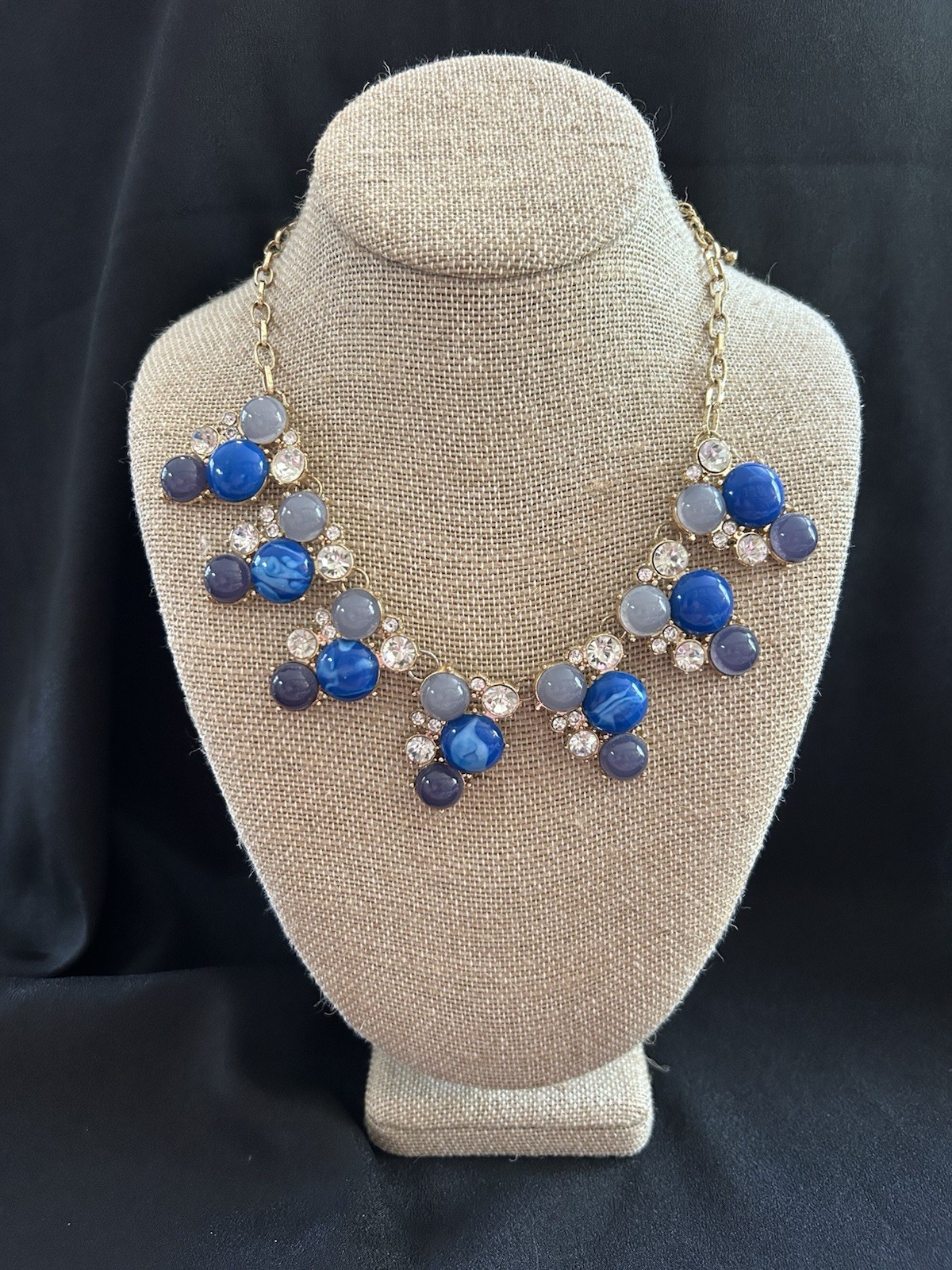 Blue Bubble Statement Necklace Rhinestone Bib Chunky Cluster Gold Tone 20″