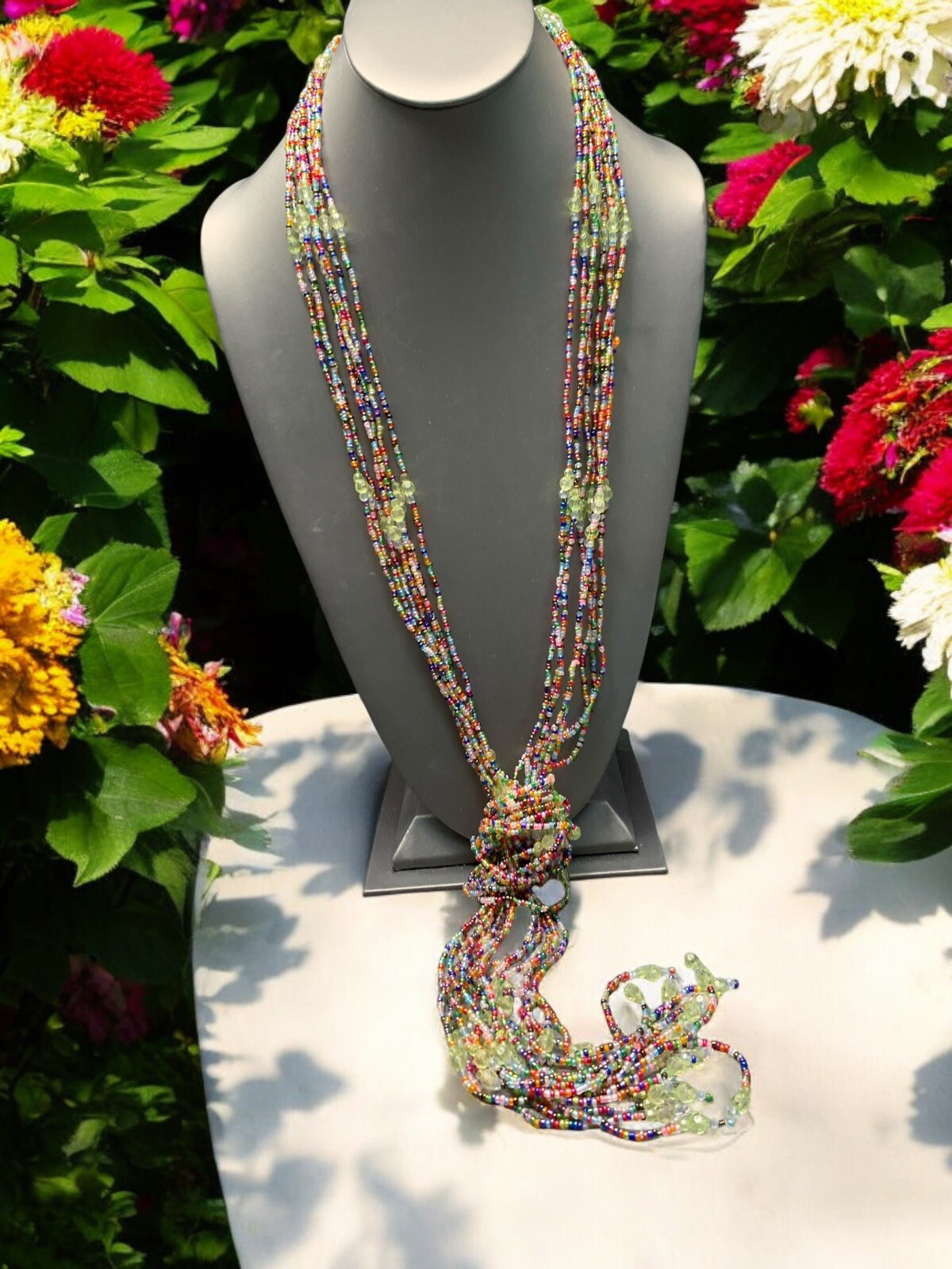Vintage Necklace Boho Glass Seeded Bead Multi Strand Front Knot Tie On