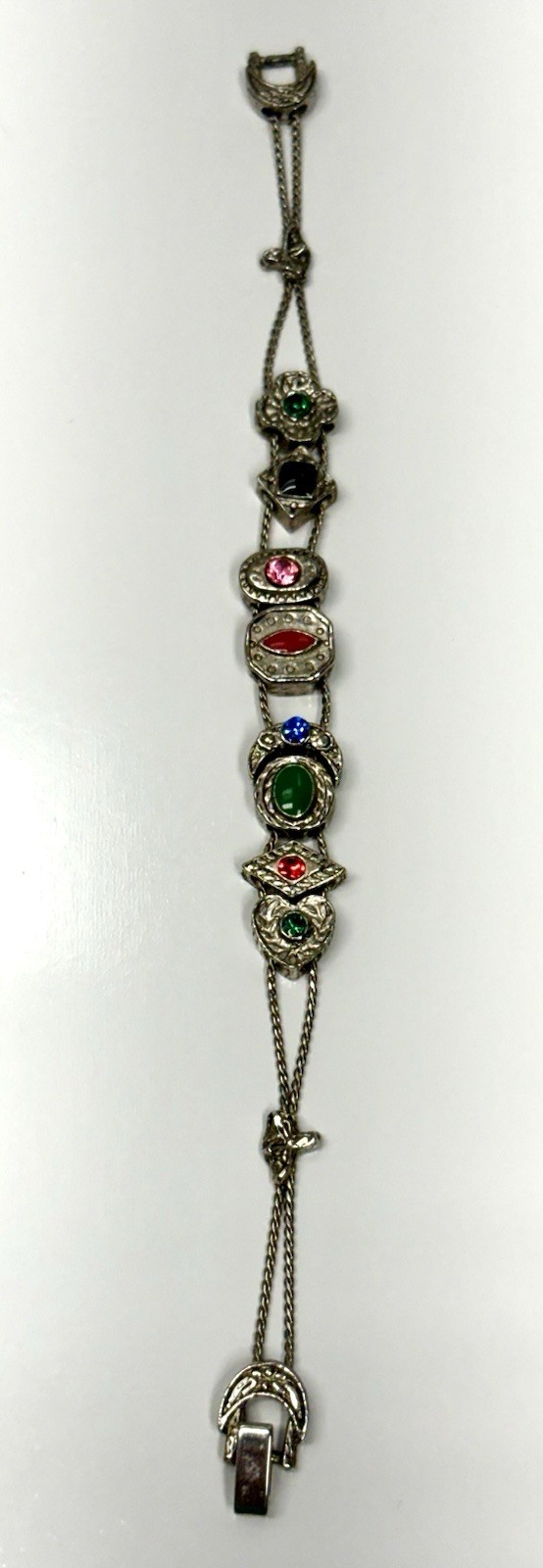 VTG Victorian Revival Slider Charm Bracelet Silvertone Rhinestones Enamel 7 1/4″