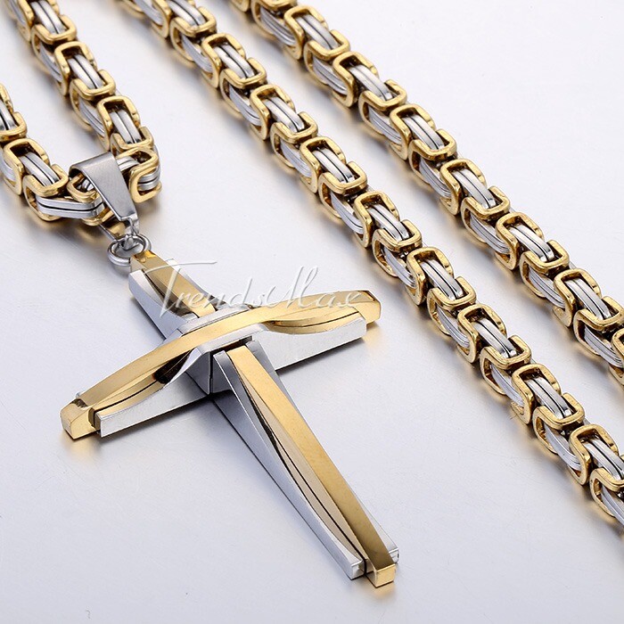 Mens Silver/Gold Plated Cross Pendant Necklace Stainless Steel Byzantine Chain