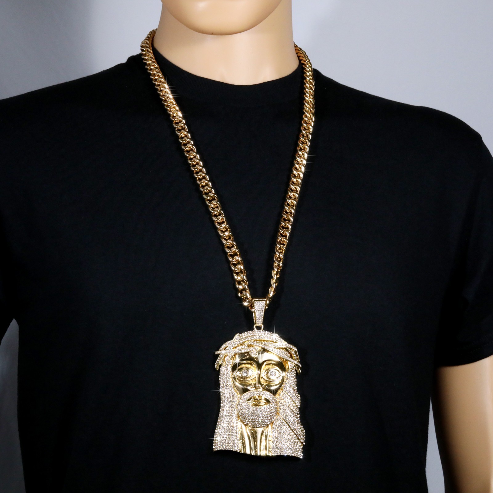 Miami Cuban Curb Chain Necklace 10mm 30In & Crowne Jesus Piece Gold Plated XL