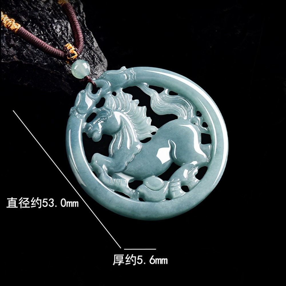 Certified Grade A Blue Water Burma Jade jadeite Zodiac Horse Pendant Necklace