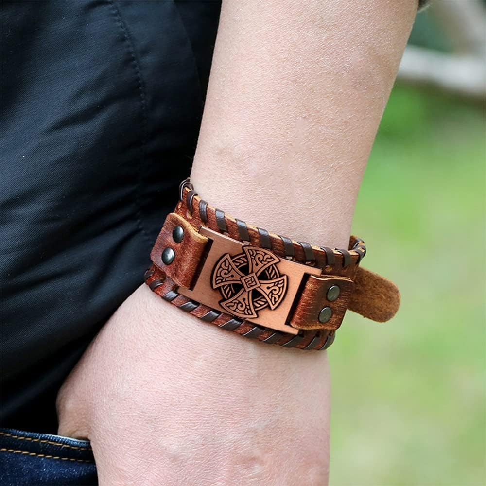 Celtic Solar Cross Bracelet, Leather Cuff Wristband with Irish Charm Amulet