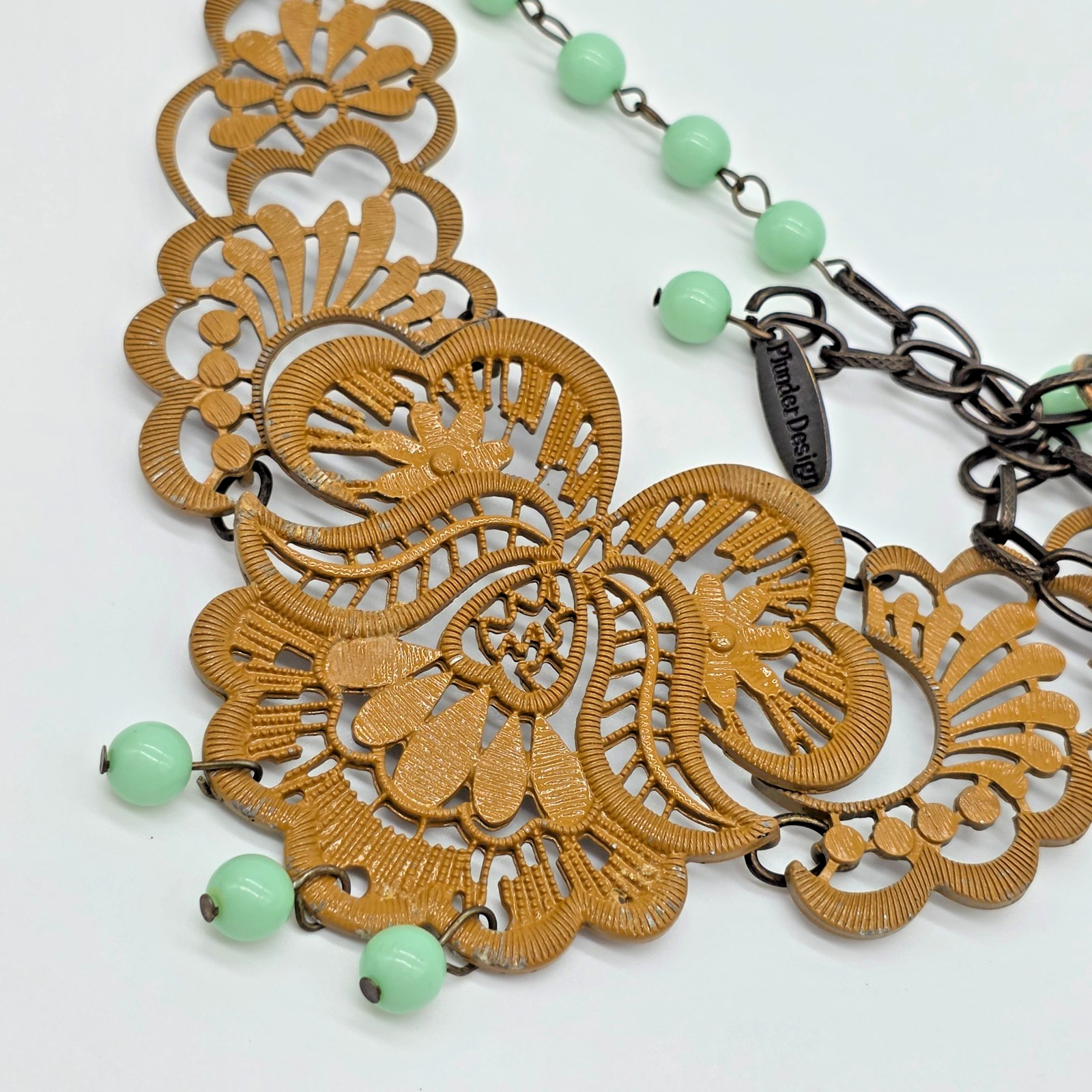 Plunder MAIZIE Bib Necklace Mustard Yellow Floral Lace Mint Green Beads 22”