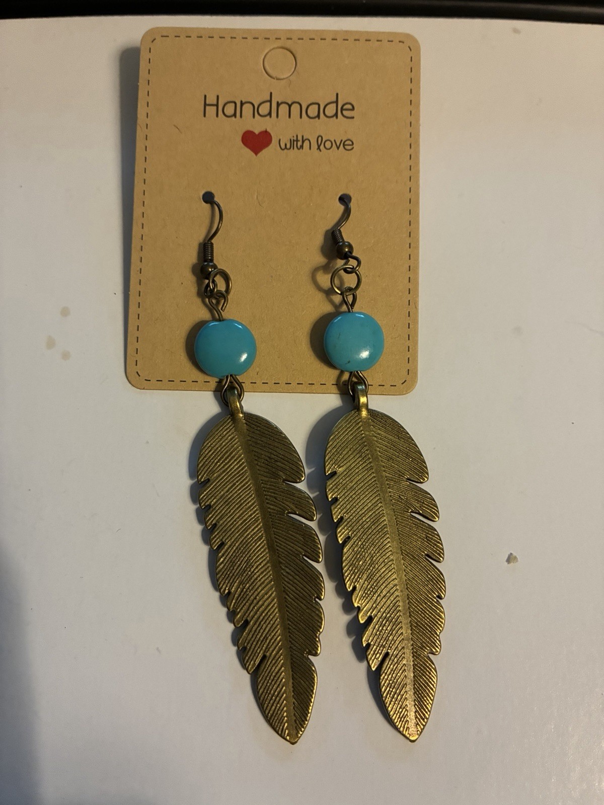 Handmade Turquoise & Gold Feather Drop Earrings