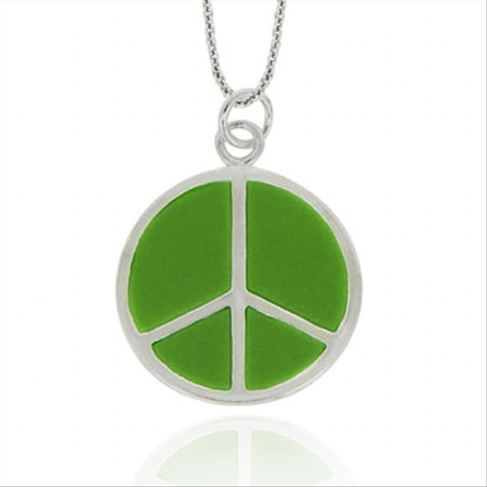 925 Silver Green Enamel Peace Sign Pendant, 18″