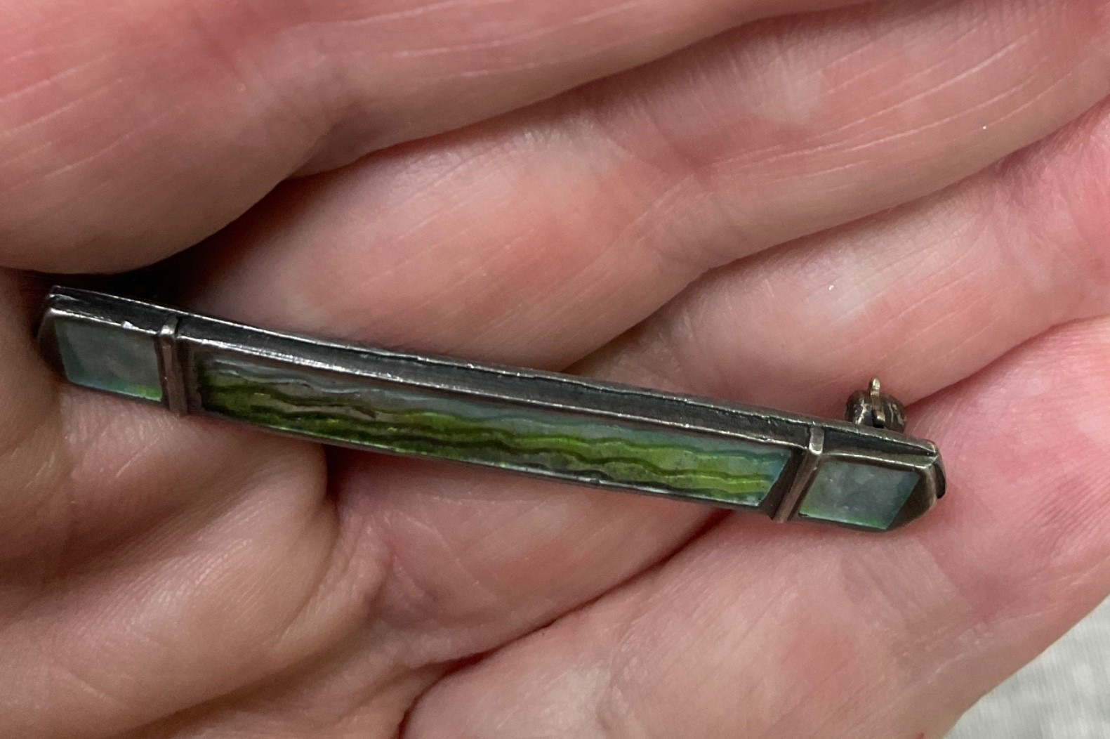 Carly Wright Sterling Silver Enamel Green Wave Landscape Bar Pin Brooch Signed