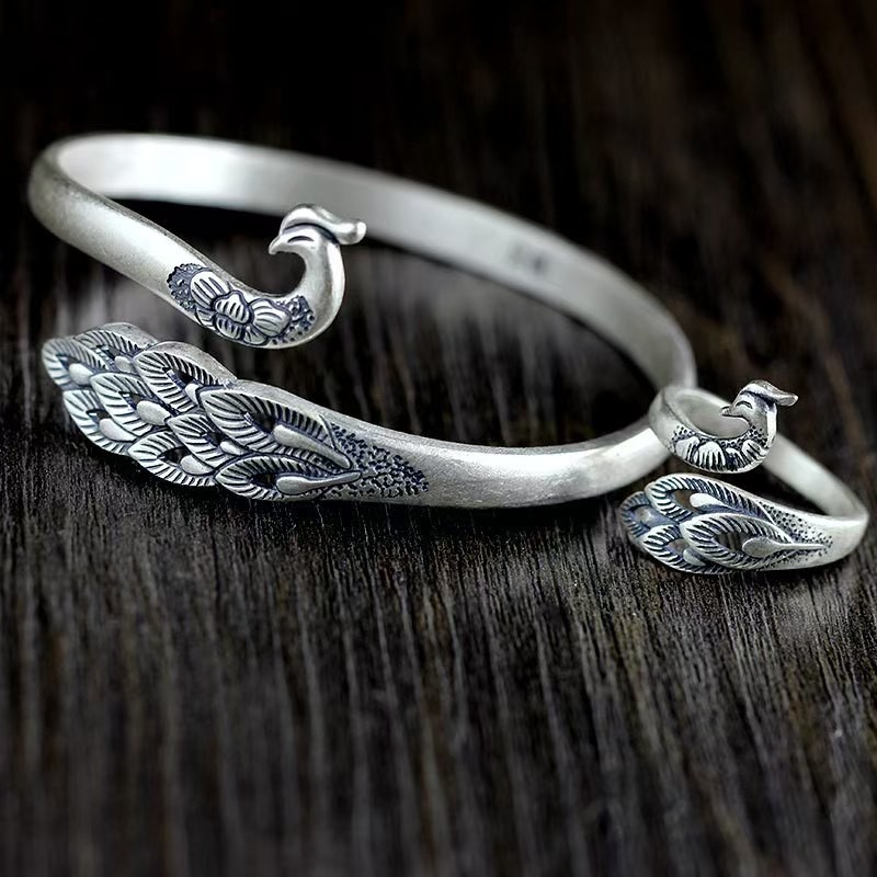 Pure S990 Fine Silver Bracelet Women Phoenix Open Bangle 25-26g ID:56mm