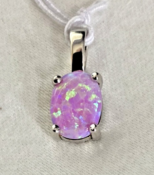 925 Sterling Silver Pink Lab Opal Solitaire Pendant, 13×6 mm, Gift Ready, NOS 1g