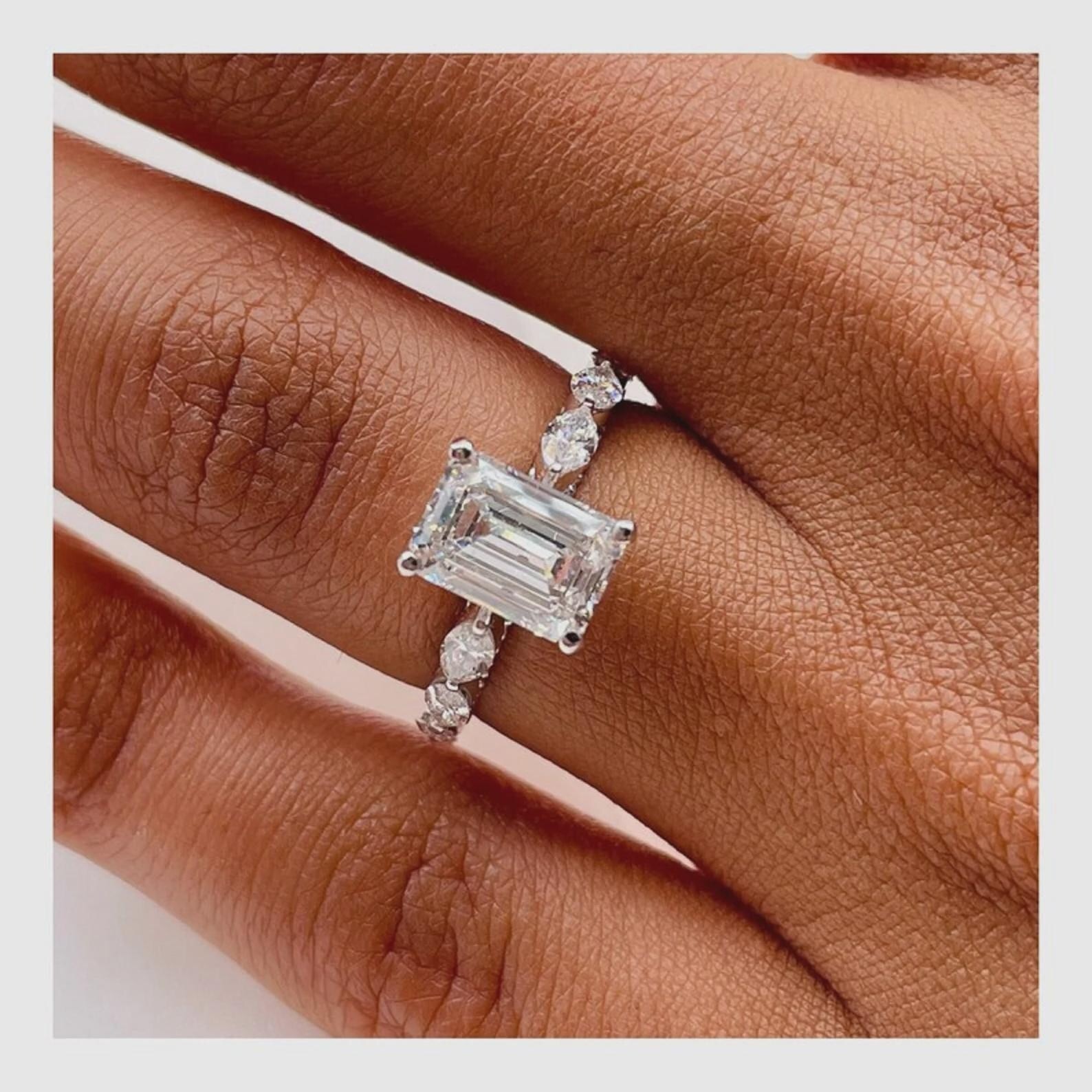 3.1CT Emerald Cut Moissanite Wedding Ring, Marquise Cut Accents Anniversary Gift