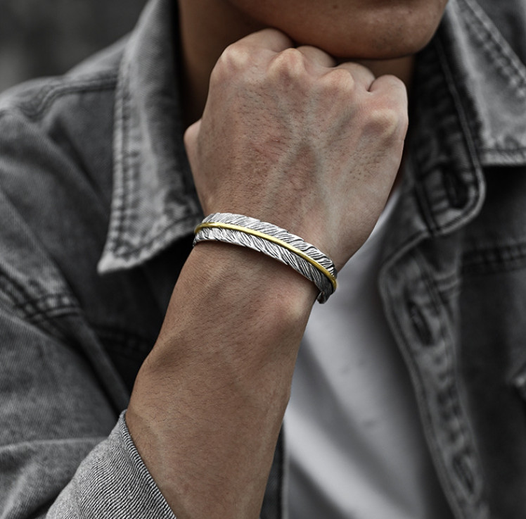 Men’s Silver Feather Adjustable Bangle Cuff Bracelet Fashion Retro Jewelry USA