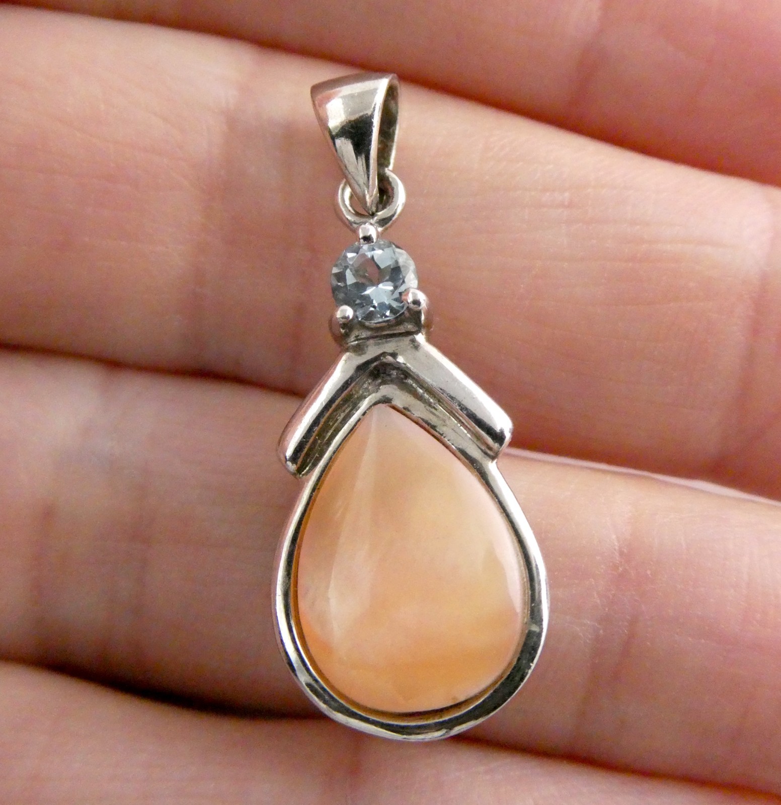 Sterling Silver Blue Topaz and Peach MOP Shell Pendant 925 1.25 Inch Length