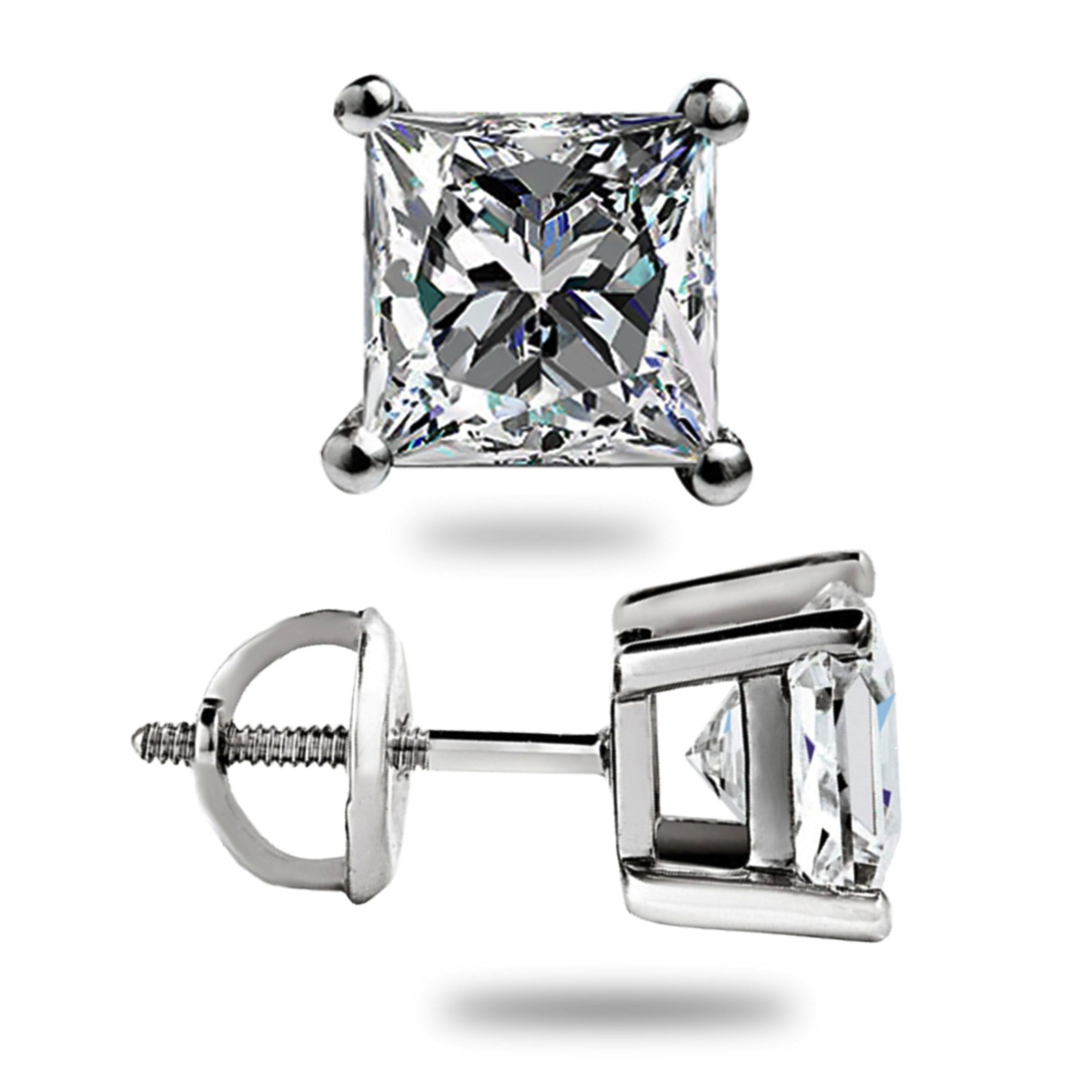 1.55Ct Princess Cut GRA MOISSANITE Studs Earrings 14K White Gold Screw Back Gift