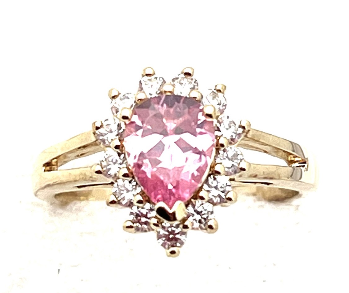 DaneCraft 24KT Gold Over 925 Sterling 4.1 Gram 13 Clear 1 Pink Pear Ring Size  7
