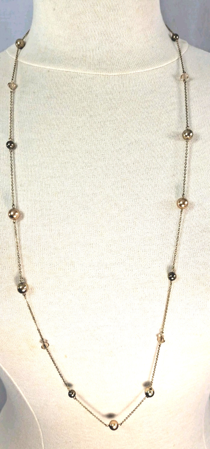 LBD Essentials Minimalist Necklace w Brass Chain Beads n Crystals Signed 39″