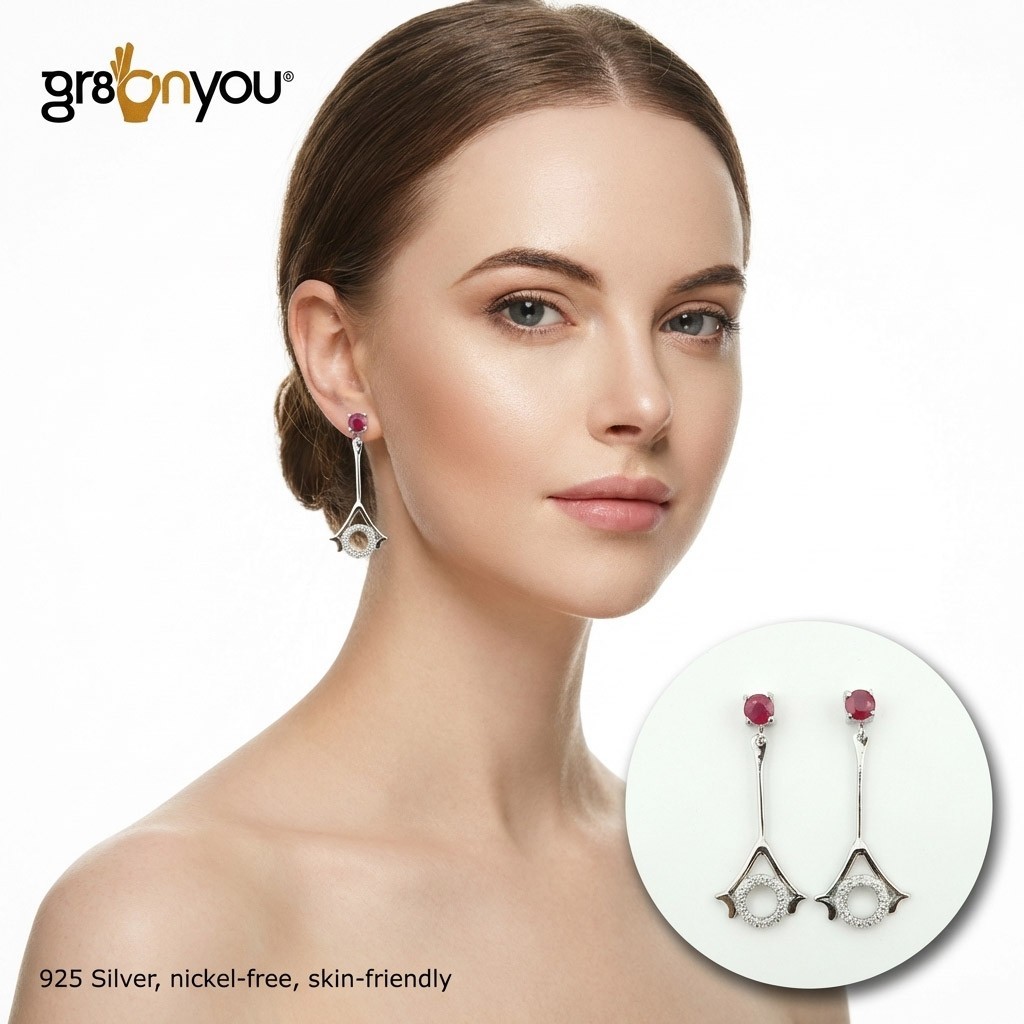 gr8onyou beautiful long earrings with real RUBY in 925 silver hallmarked