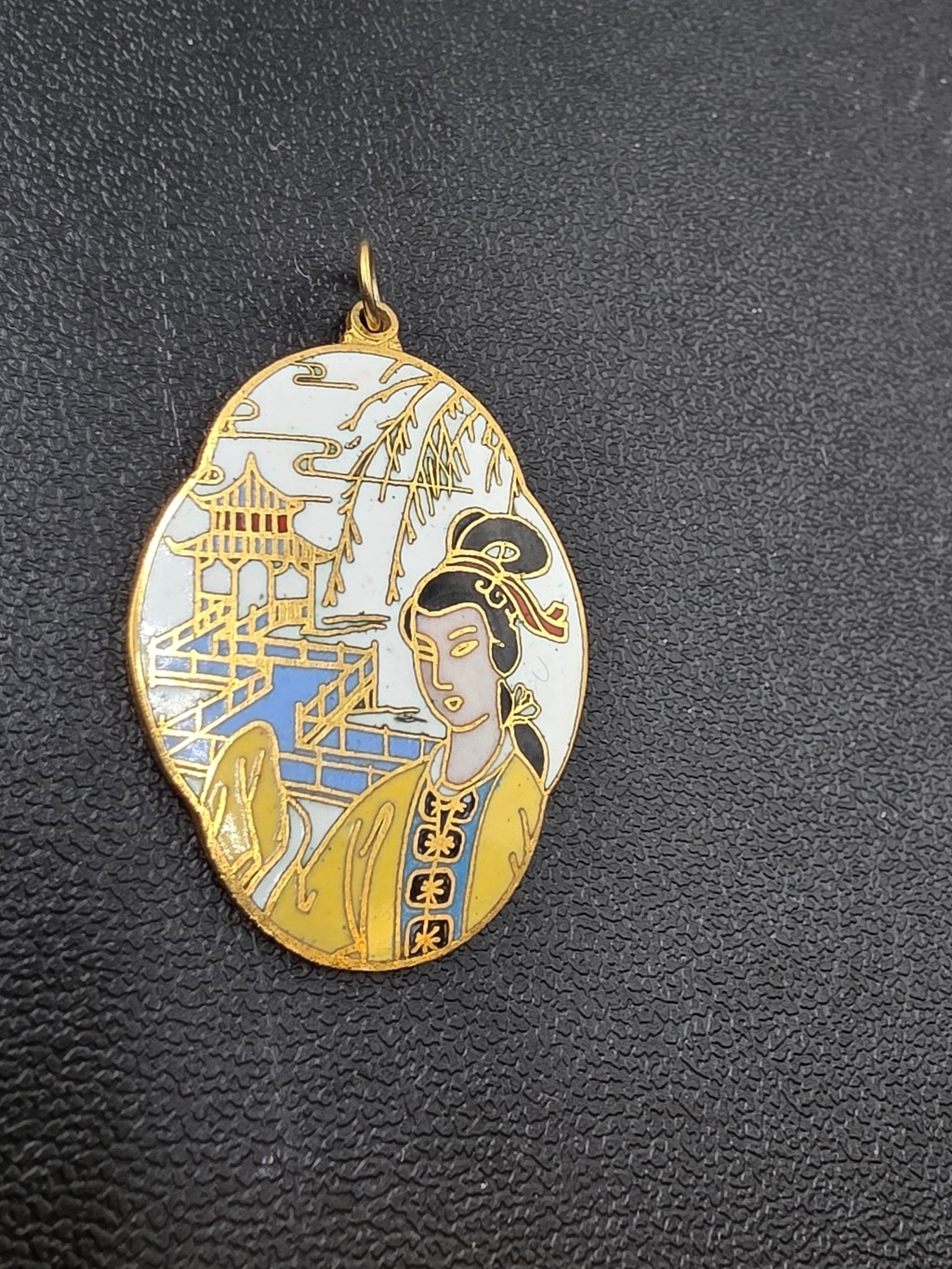 Vintage Cloisonné Enamel Asian Lady Pagoda Scenic Pendant Gold Tone Charm Estate
