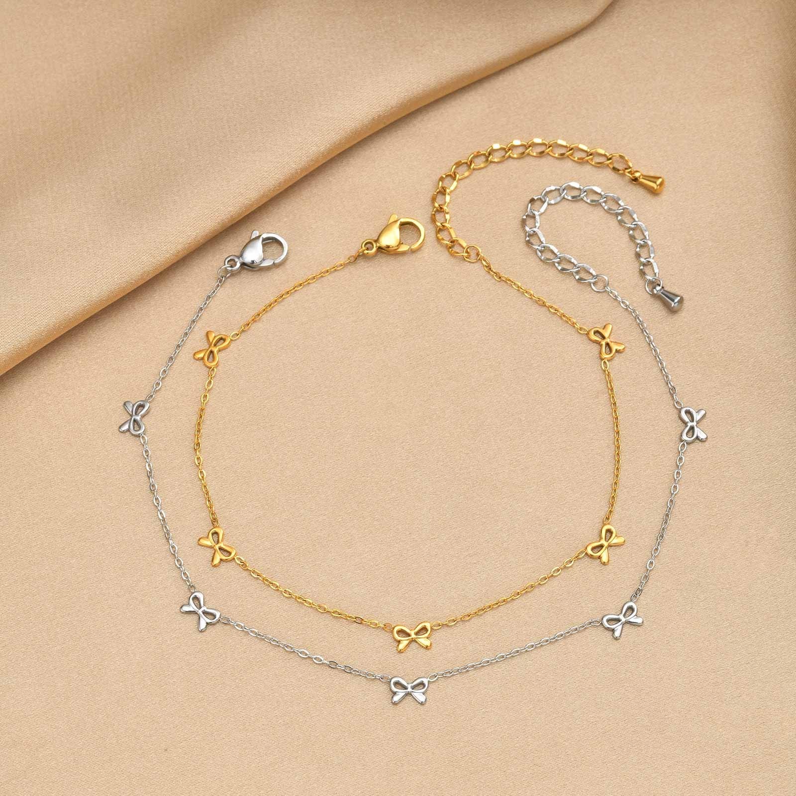 Women Gold Silver Stainless Steel Bow Butterfly Anklet Romantic Birthday Gift