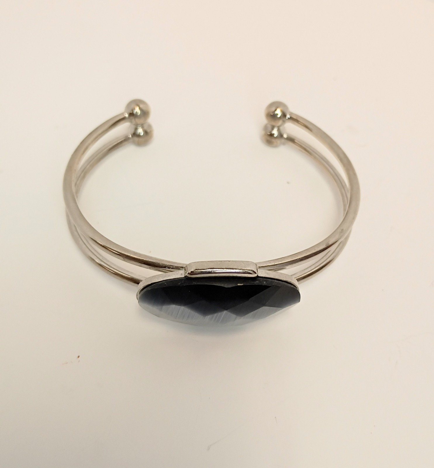 Double Bar Silvertone Bracelet With Dark Faceted Stone