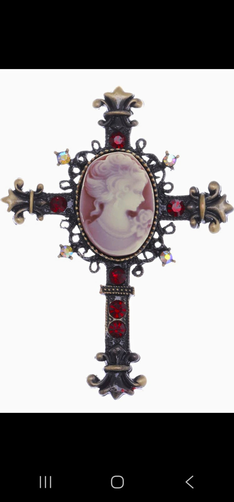 Gothic Cross Cameo Brooch Pin Red Rhinestones Black Gold 4 in Religious