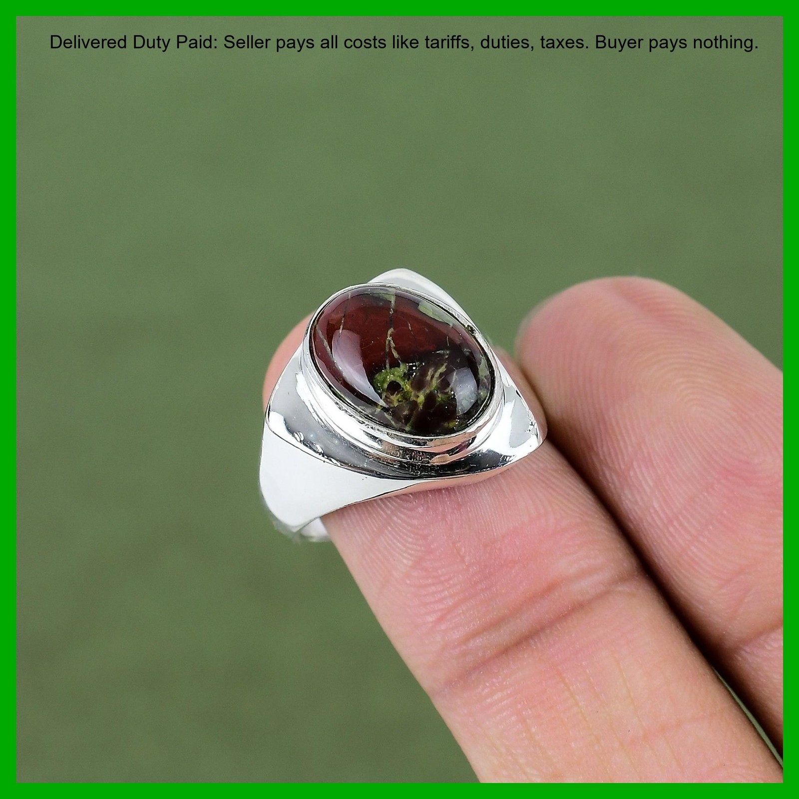 925 Silver Oval Natural Dragon Bloodstone Unique Bezel Artisan Wife Promise Ring