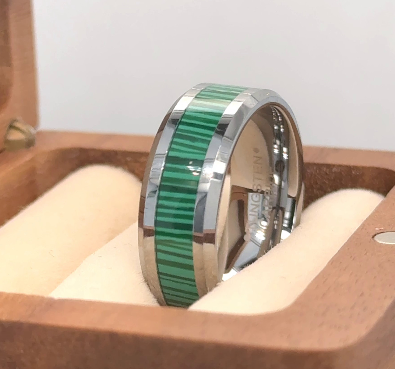 Stylish Silver Tungsten Wedding Band Green Faux Anniversary Daily Wear Ring