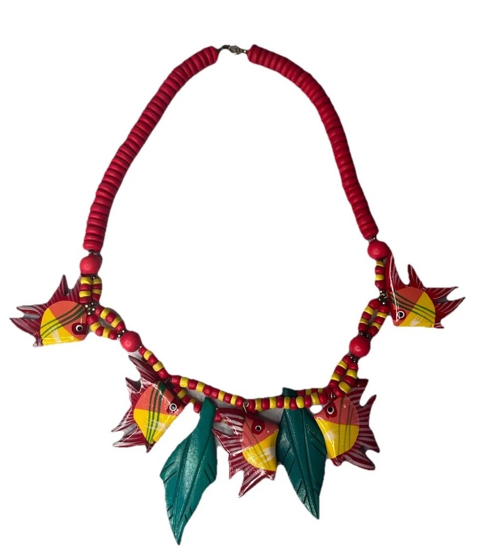 Wooden Fish Necklace Colorful Pink Yellow Green Tropical Made In Philippines