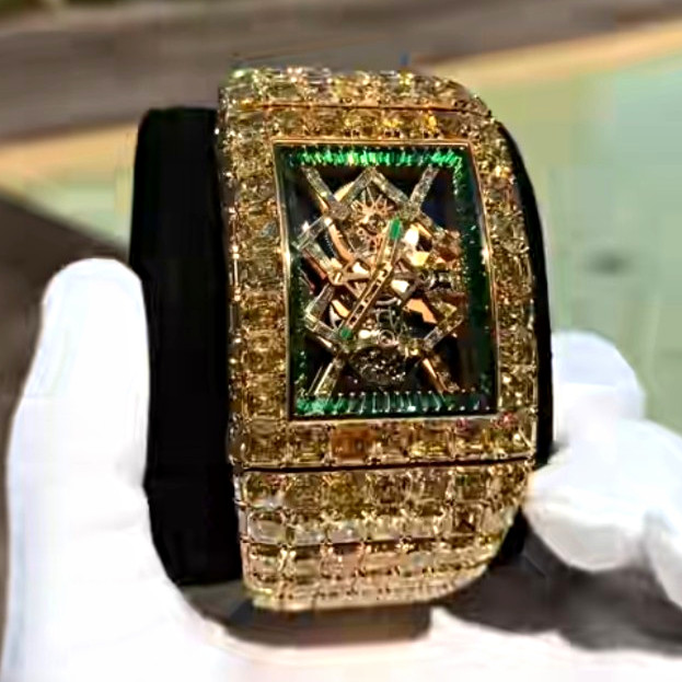 Gold Tone Rectangle Skeleton Dial Analog Wristwatch Diamond Bezel Bracelet