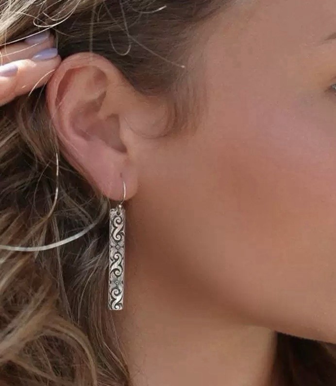 Silver Hook Boho Bar Drop Earrings Vintage Floral Engraved Dangle Earrings B02