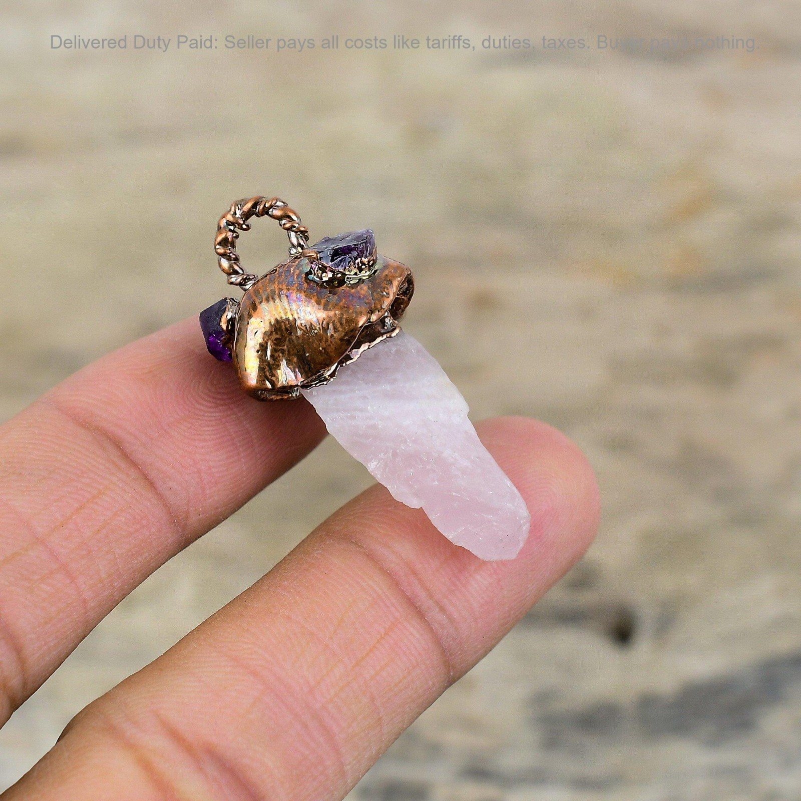 Copper Pentagon Rose Quartz Rough Gemstone Sister Birthday Electroformed Pendant