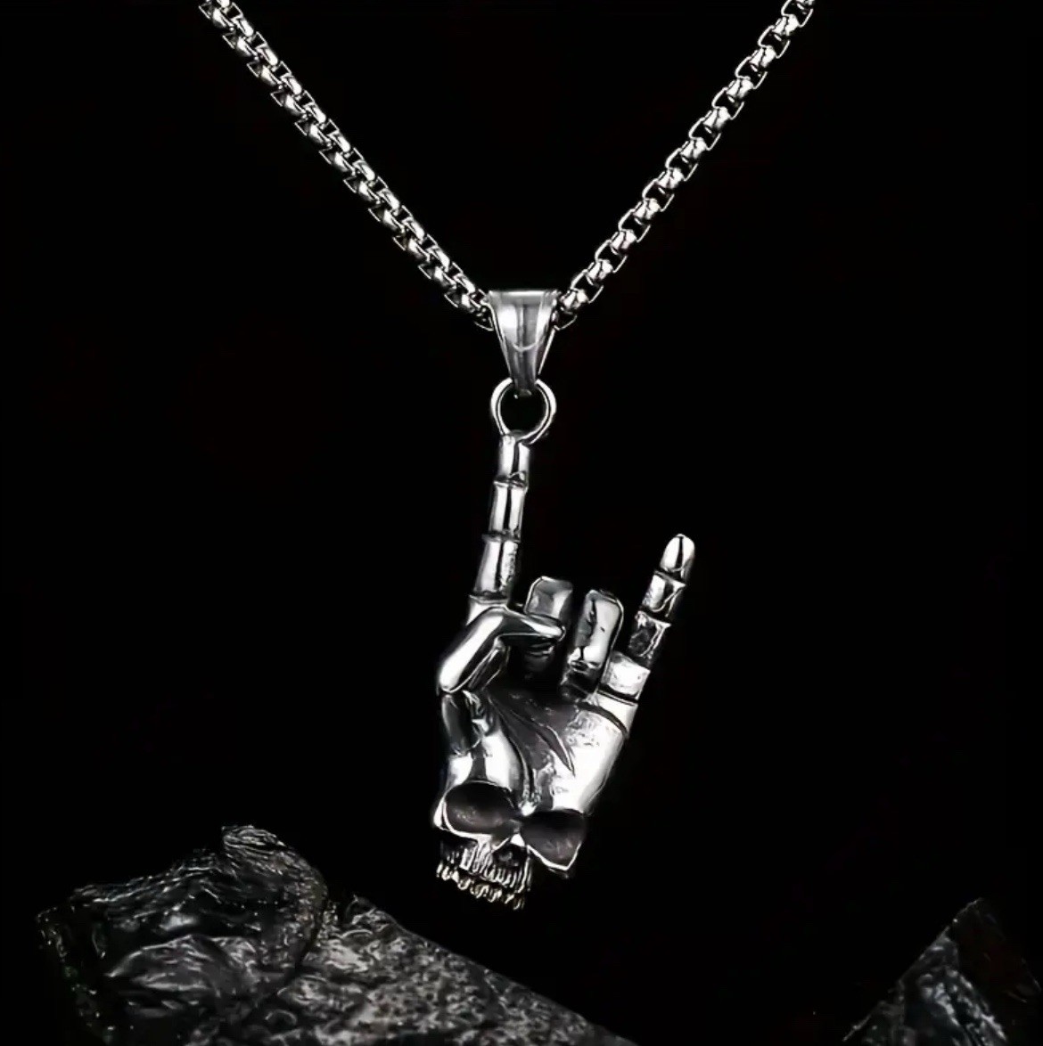 Rock Skull Hand Necklace Punk Awesome Silver 304L Stainless Steel Pendant