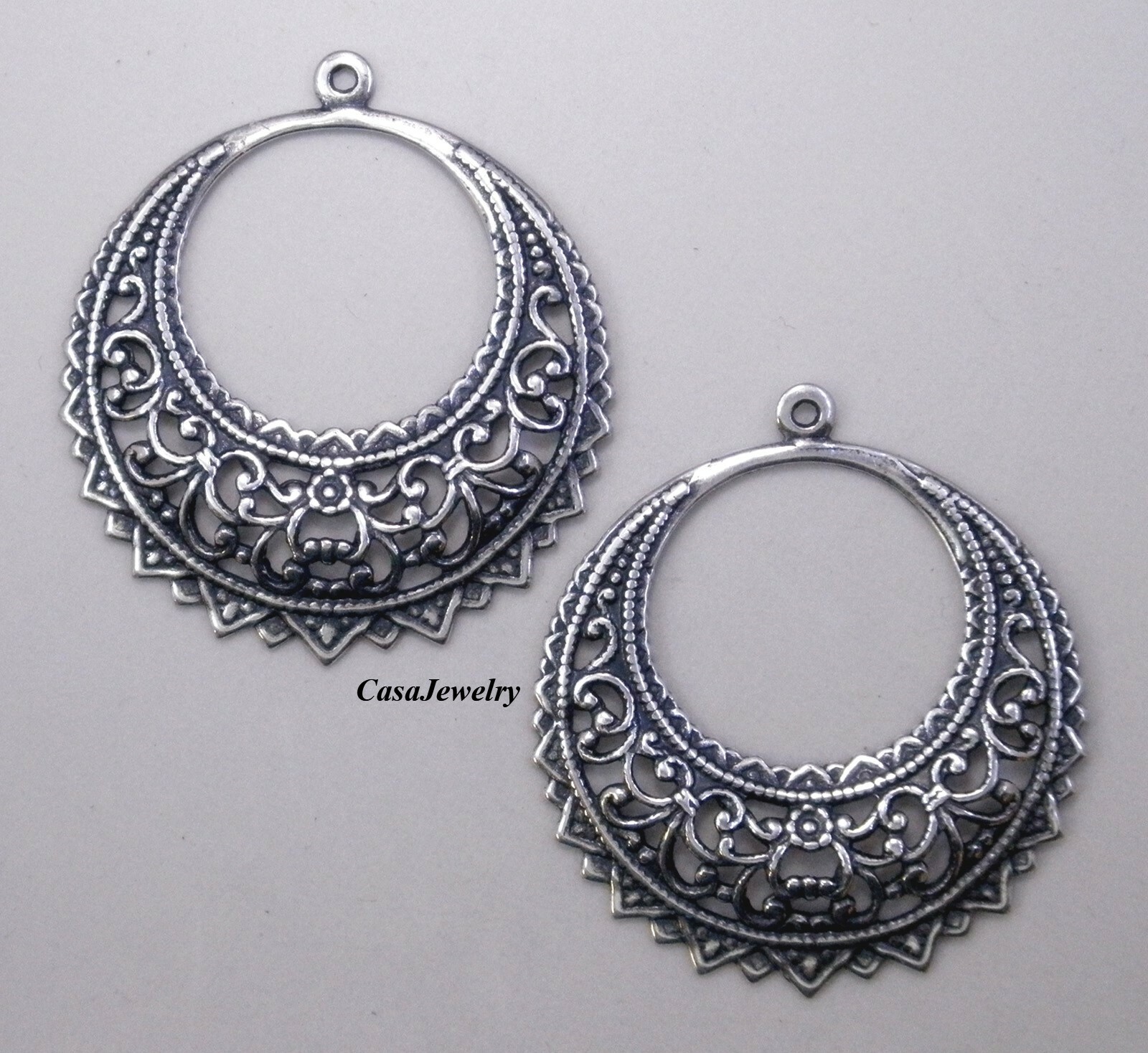 #0025 LARGE ANTIQUED STERLING S/P ROUND OPEN FILIGREE W/TOP HANG RING – 2 Pc Lot
