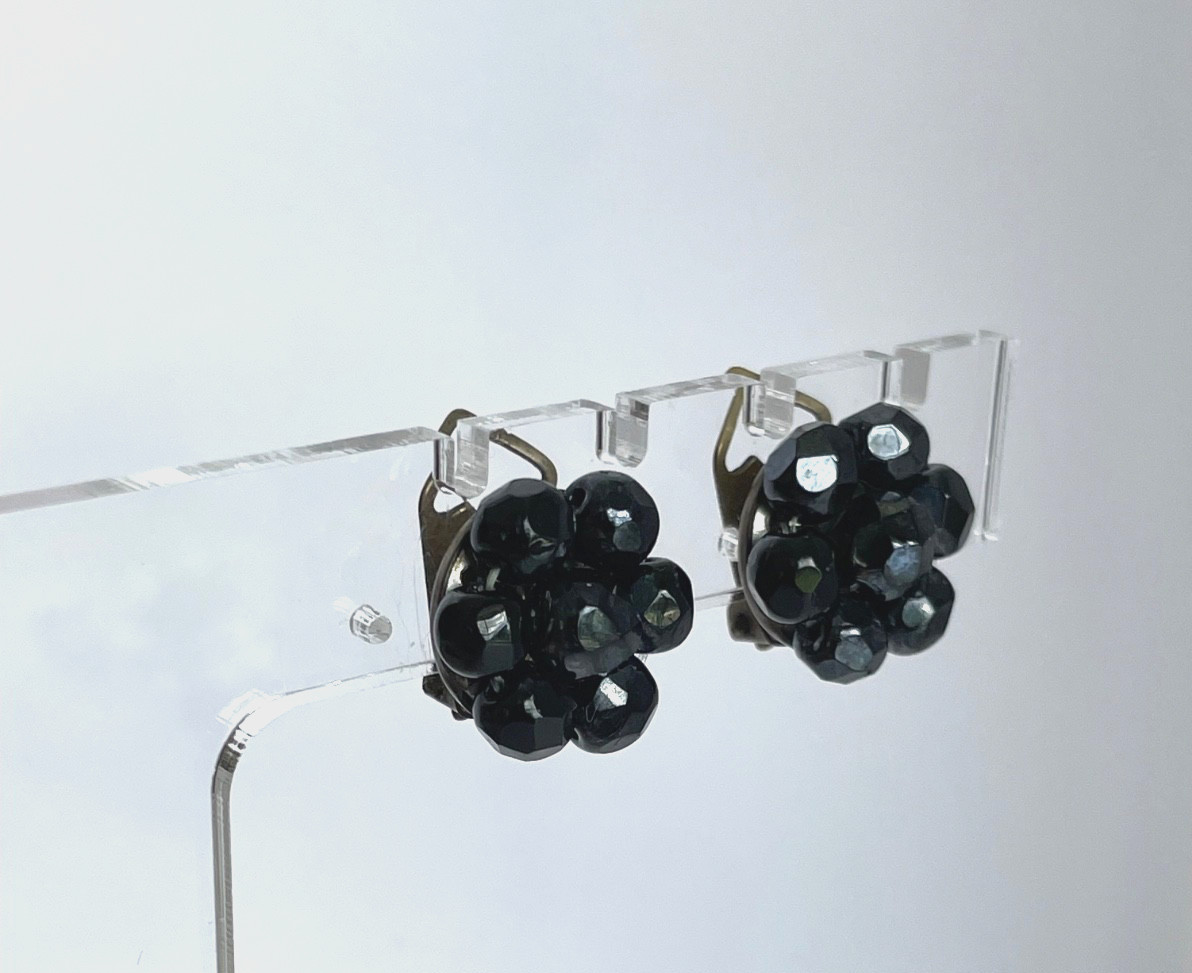 Vintage Jet Black Faceted Cluster Bead Clip Earrings Made in Italy