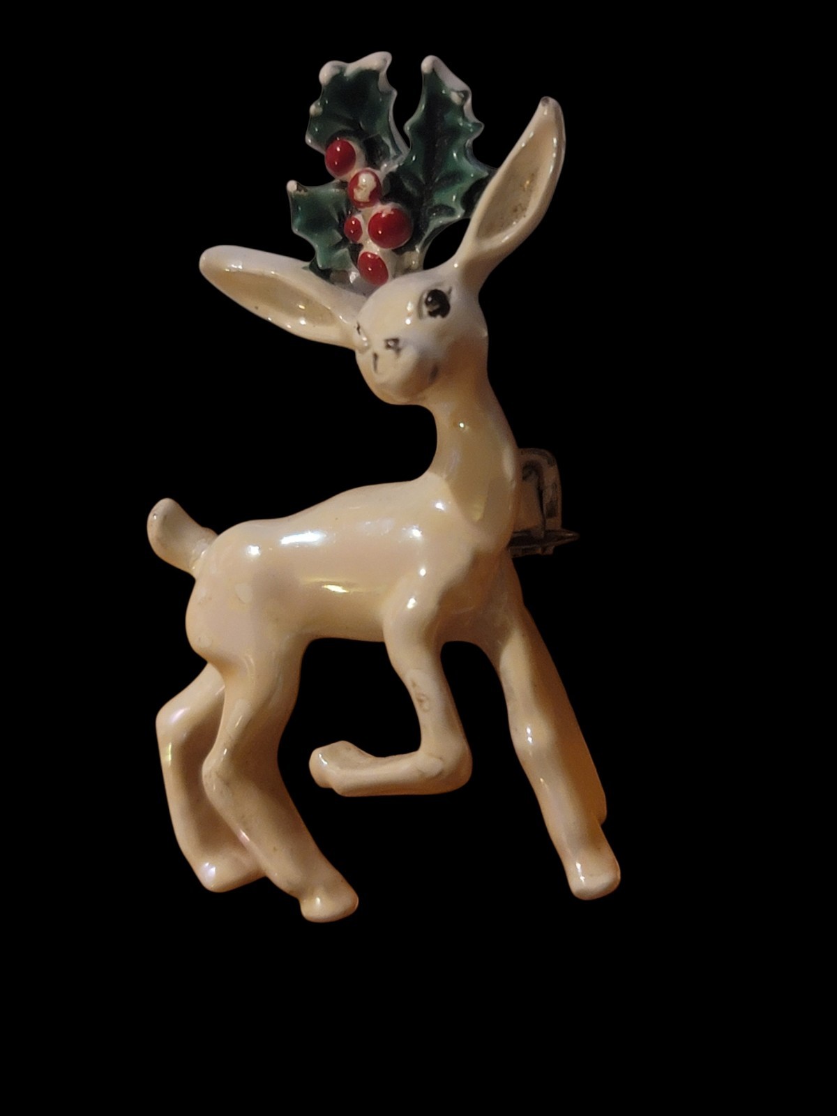 Gerry’s Enamel White Reindeer Brooch Pin Iridescent Christmas Signed Vintage