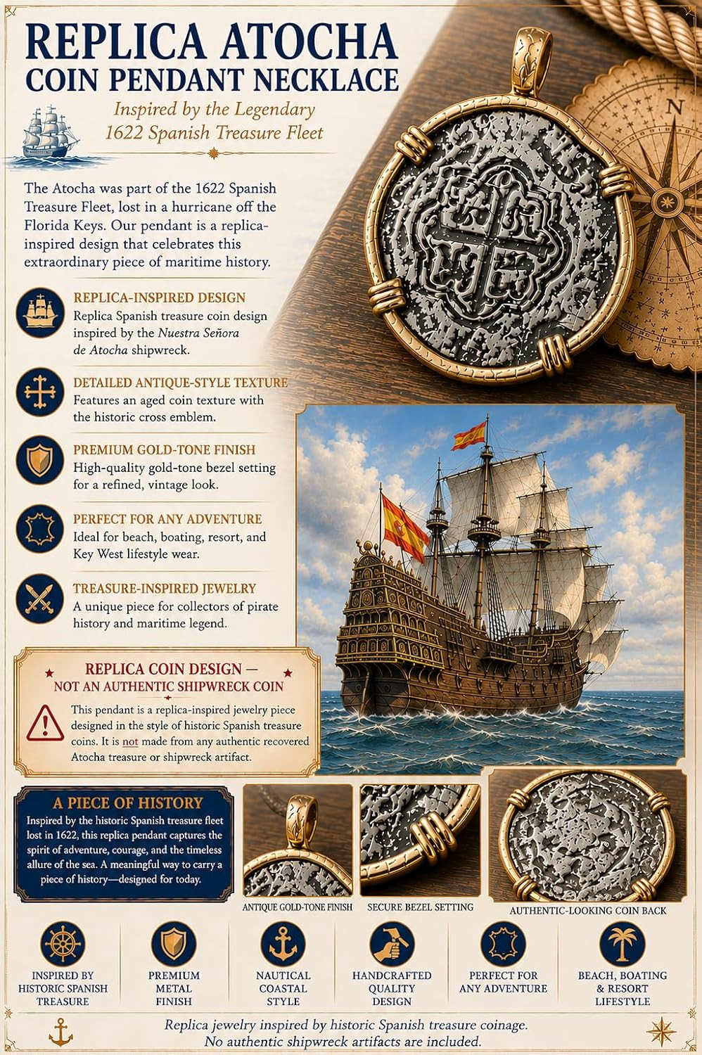 Atocha Shipwreck Replica Necklace Pendant Coin, Antique Silver Finish with Gold-